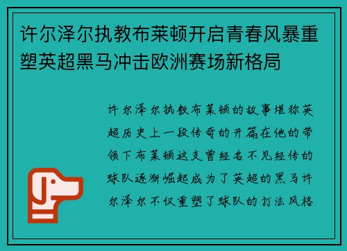 许尔泽尔执教布莱顿开启青春风暴重塑英超黑马冲击欧洲赛场新格局