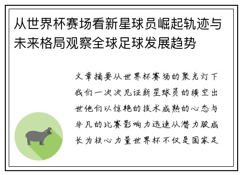 从世界杯赛场看新星球员崛起轨迹与未来格局观察全球足球发展趋势